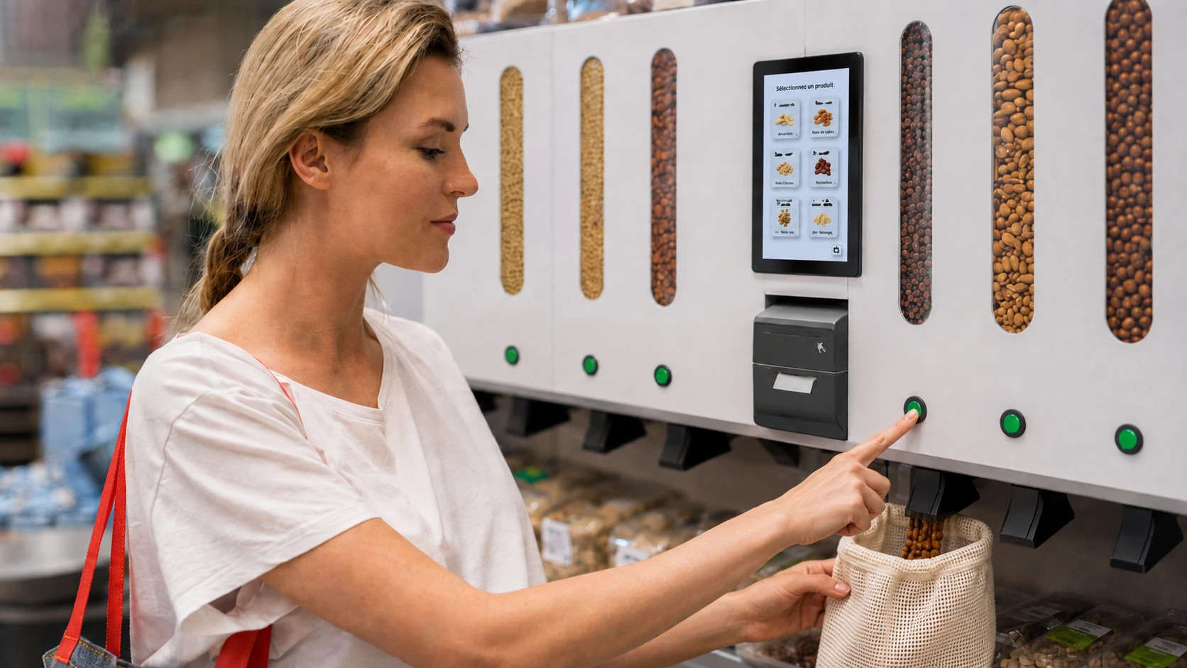 Cliente utilisant le distributeur de vrac SoluBulk en magasin