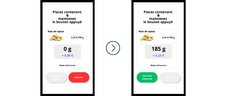 écrans Parcours du mode choix de la quantité sur le distributeur de vrac SoluBulk