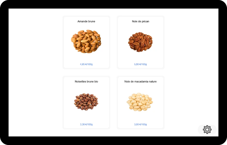 Écran d’accueil d’un distributeur automatique de vrac : sélection des produits (amandes, noix, etc.) sur interface tactile