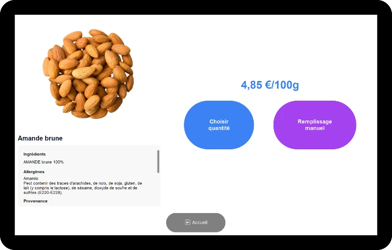 Écran détail produit sur distributeur de vrac : informations produit, prix au 100 g, choix quantité ou remplissage manuel