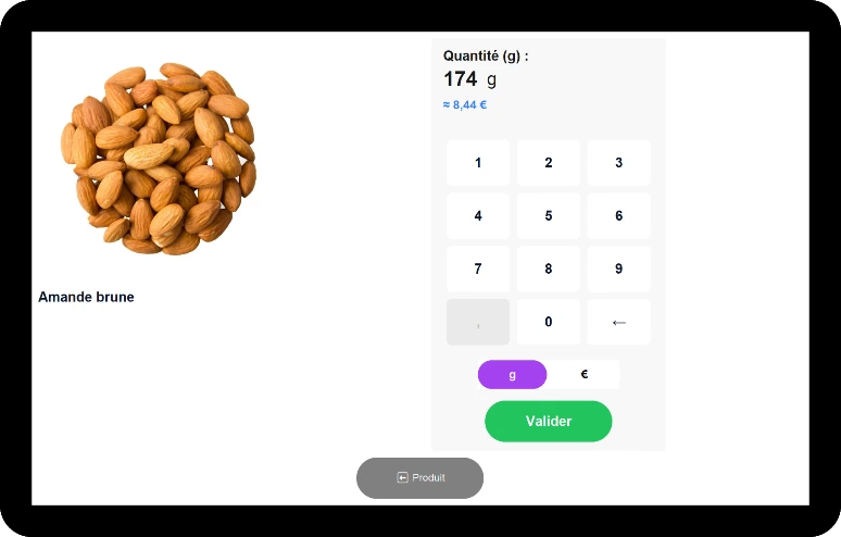 Écran tactile d’un distributeur automatique de vrac : saisie de quantité en grammes ou en euros avec clavier numérique