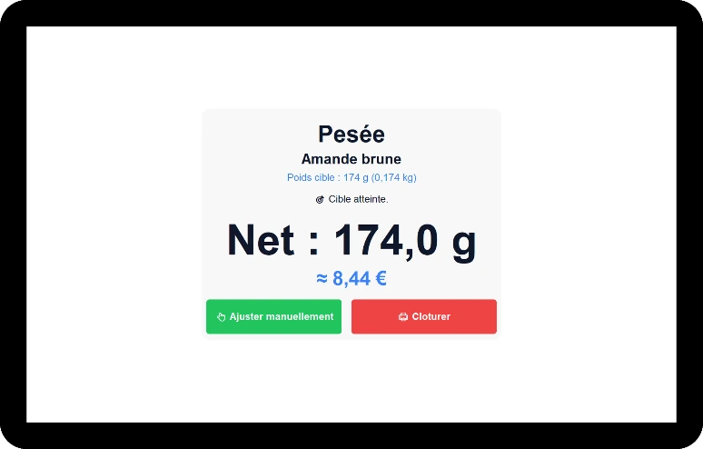 Fin de pesée sur distributeur de vrac : poids net et prix affichés, options Ajuster manuellement ou Clôturer