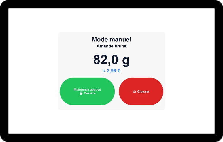 Mode manuel sur distributeur automatique de vrac : ajustement de la quantité avec commande Service et bouton Clôturer